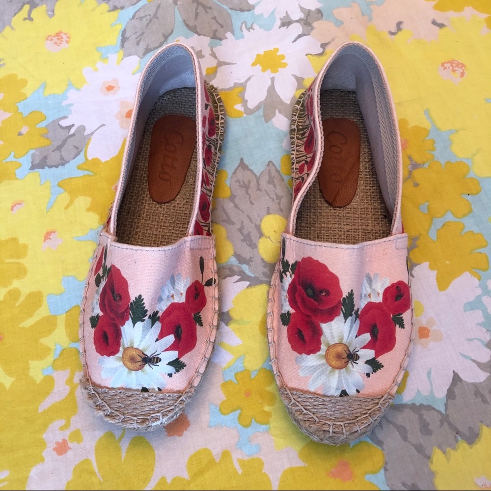 Pink Floral Slip-On Espadrilles with Red Poppy Detail